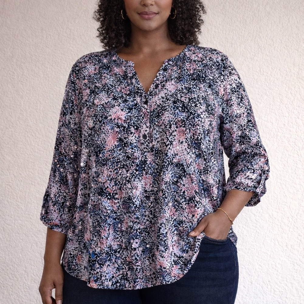 Emily Daniels Top Women’s XL Multicolor Button Front 3/4 Sleeve Shimmer NWT